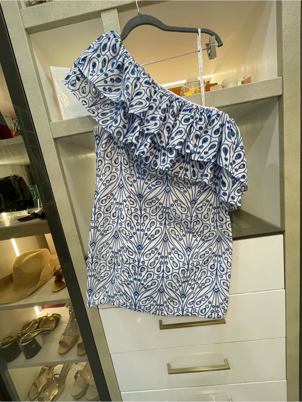 Lilly Pulitzer White and Navy One-Shoulder Ruffle Dress Size 10